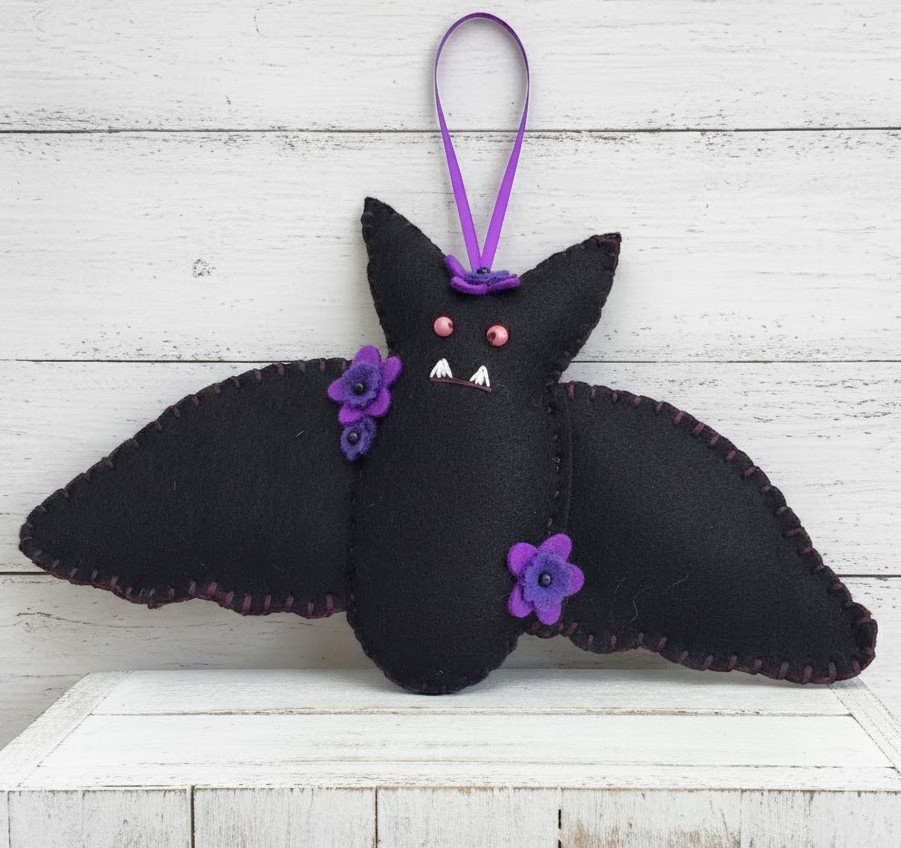 Handmade felt bat, black bat, large, 10 inch bat, Halloween felt ornament
