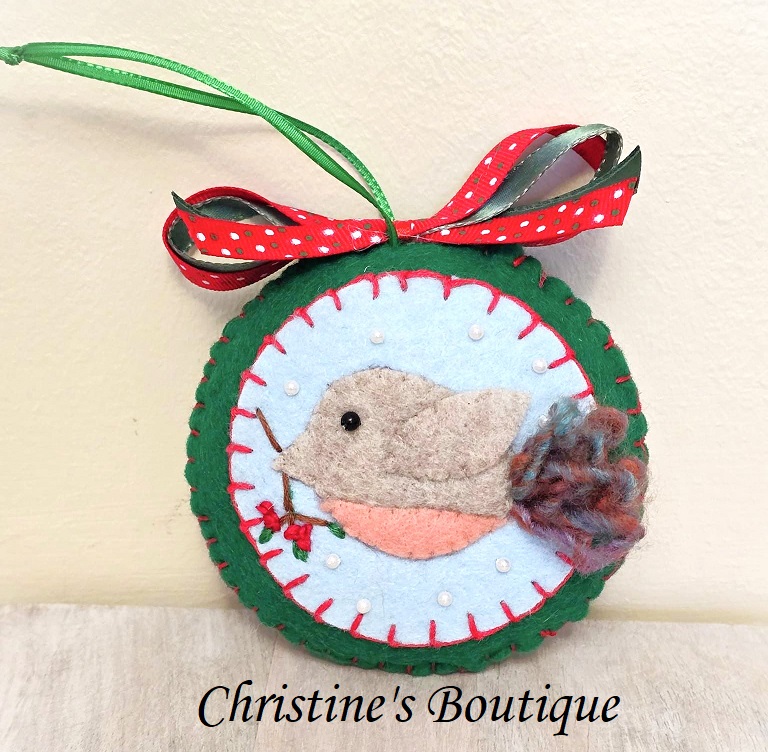 Felt bird ornament, round, felt, hand embroidery, and bead accents - Click Image to Close