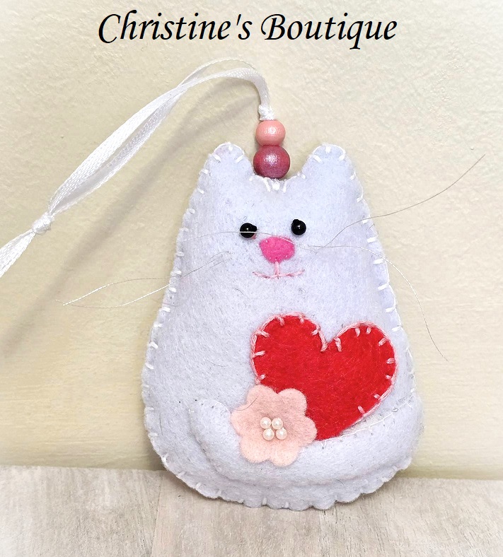 Cat, cat ornament, white cat, handmade cat ornament with red heart and flower - Click Image to Close