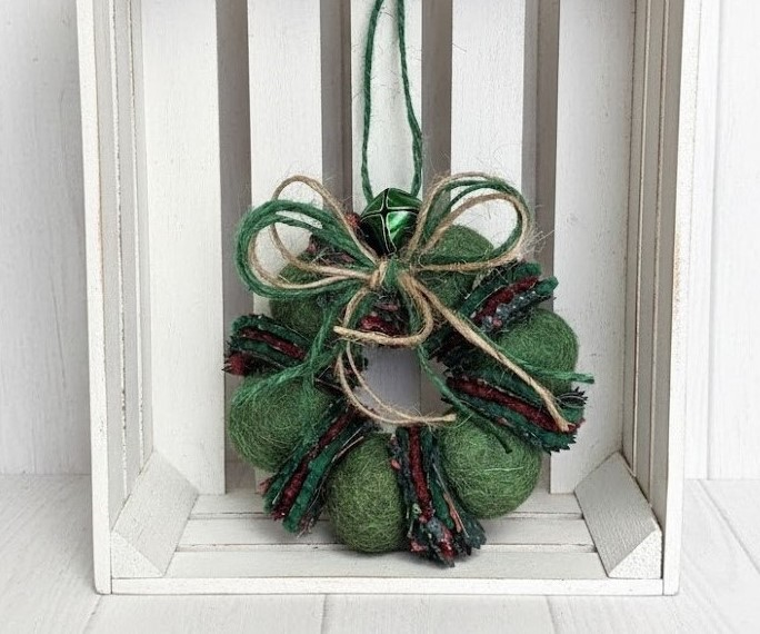 Wreath ornament, Wool felted wreath with fabric accents, jingle bells and ribbon bow - green with red accents s