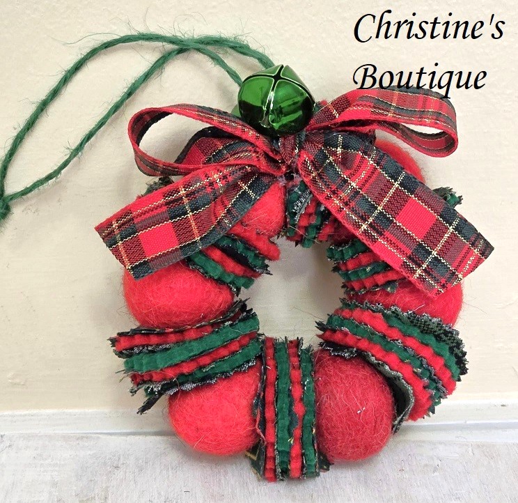Wreath ornament, Wool felted wreath with fabric accents, jingle bells and plaid ribbon bow - red with green - Click Image to Close