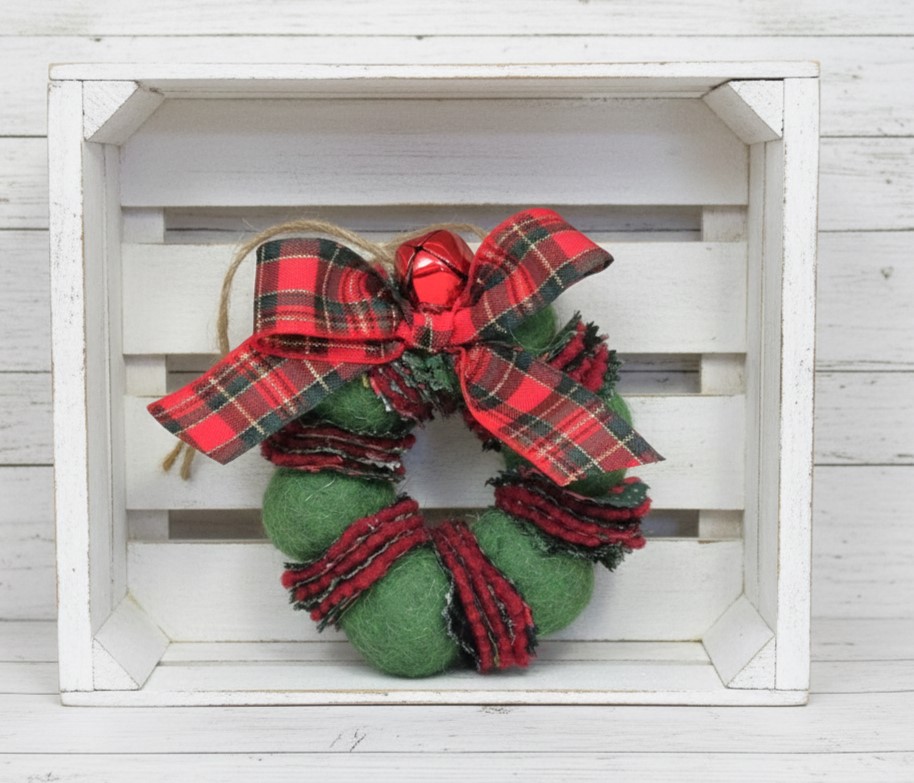 Wreath ornament, Wool felted wreath with fabric accents, jingle bells and plaid ribbon bow - green with red Wreath ornament, Wool felted wreath with fabric accents, jingle bells and plaid ribbon bow - green with red