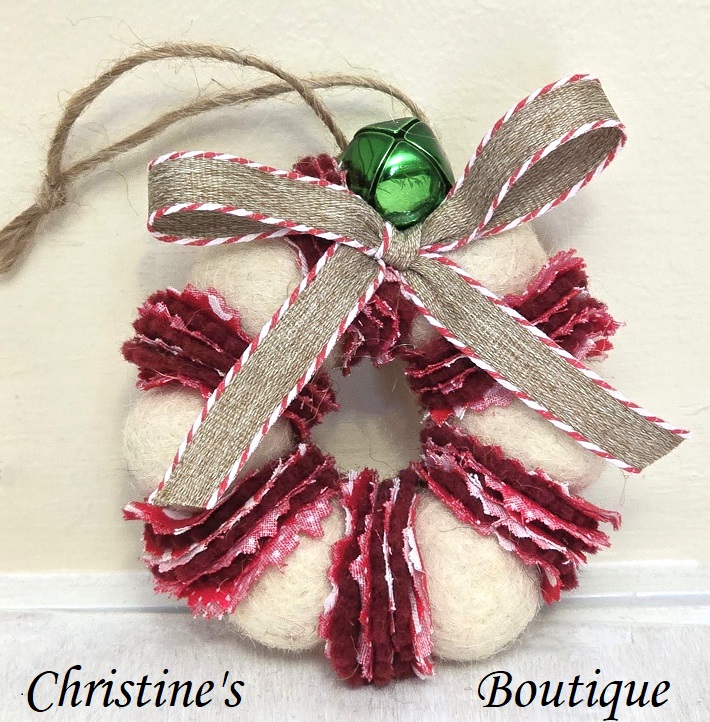 Wreath ornament, Wool felted wreath with fabric accents, jingle bells and plaid ribbon bow - white