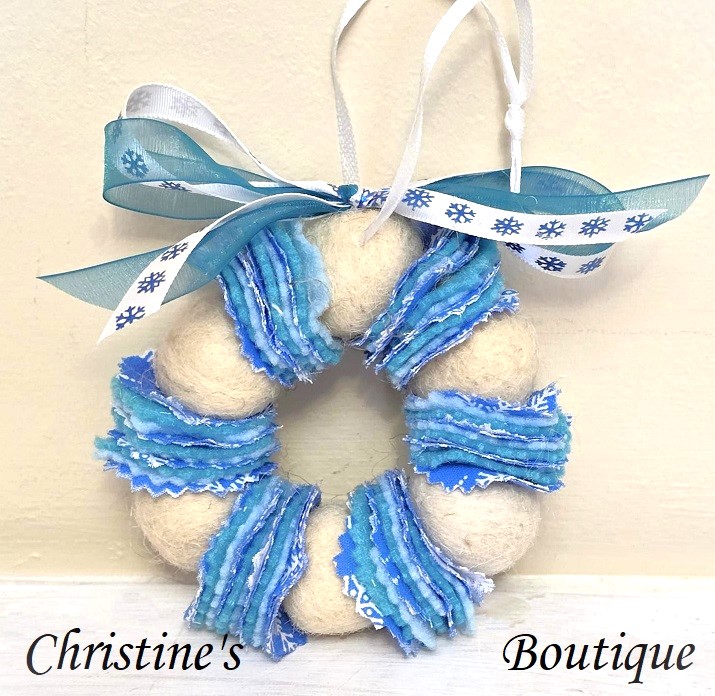 Wreath ornament, Wool felted wreath with fabric accents, white and winter blue - snowflake ribbon