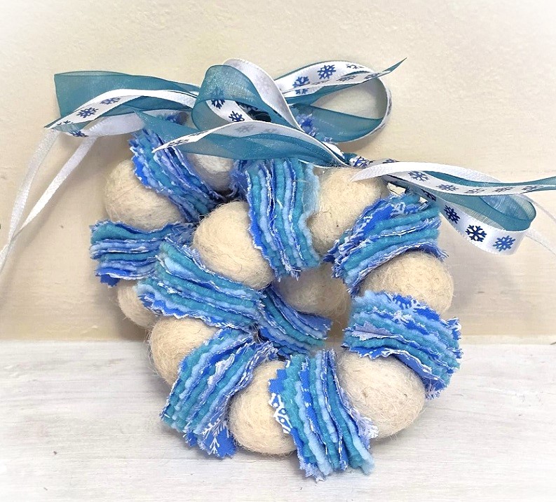 Wreath ornament, Wool felted wreath with fabric accents, white and winter blue - snowflake ribbon