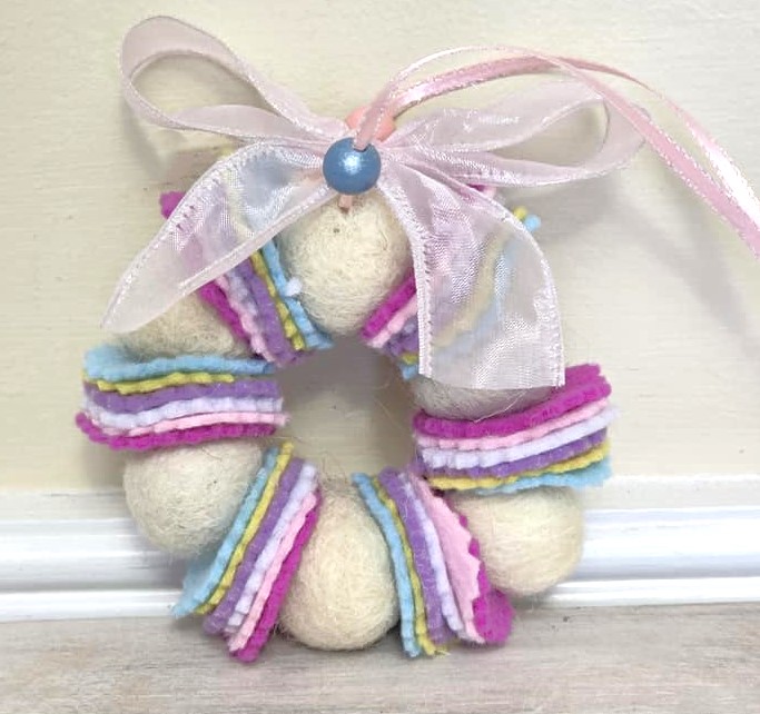Wreath ornament, Wool felted wreath with fabric accents, easter ornament, pale pink bow - Click Image to Close