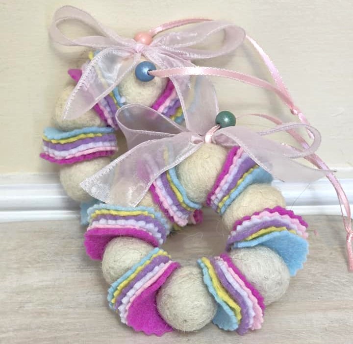 Wreath ornament, Wool felted wreath with fabric accents, easter ornament, pale pink bow
