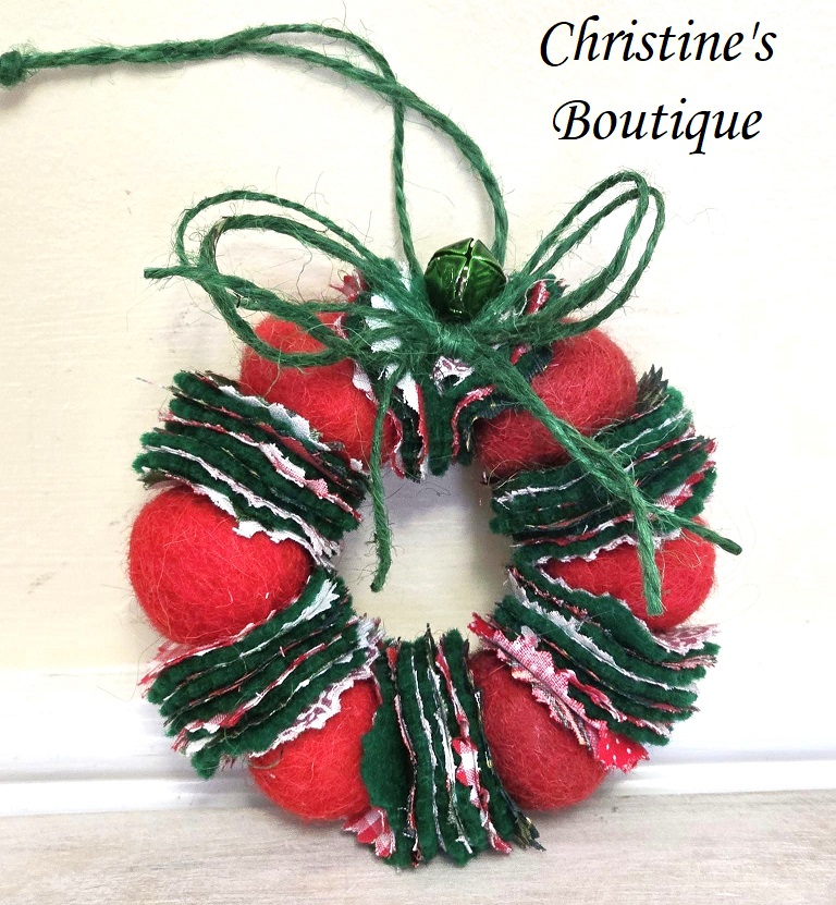 Wreath ornament, Wool felted wreath with fabric accents, red with green - Click Image to Close