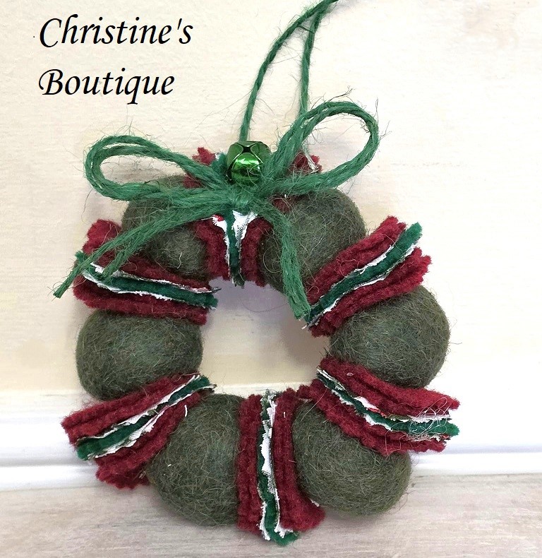Wreath ornament, Wool felted wreath with fabric accents, green with red