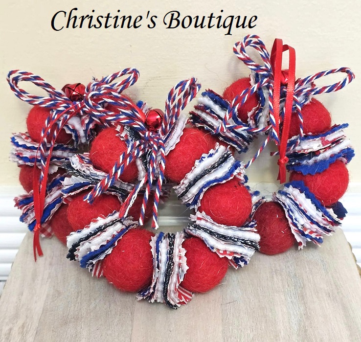 Wreath ornament, Wool felted wreath with fabric accents, patriotic ornament, red white and blue colors - Click Image to Close
