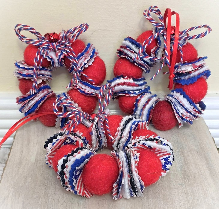 Wreath ornament, Wool felted wreath with fabric accents, patriotic ornament, red white and blue colors