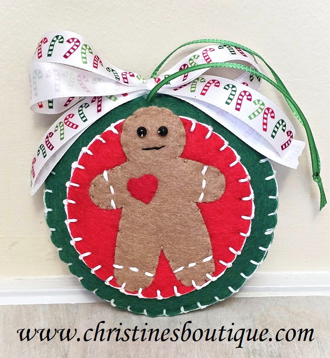 Felt ornament, handmade, gingerbread man with embroidery accents