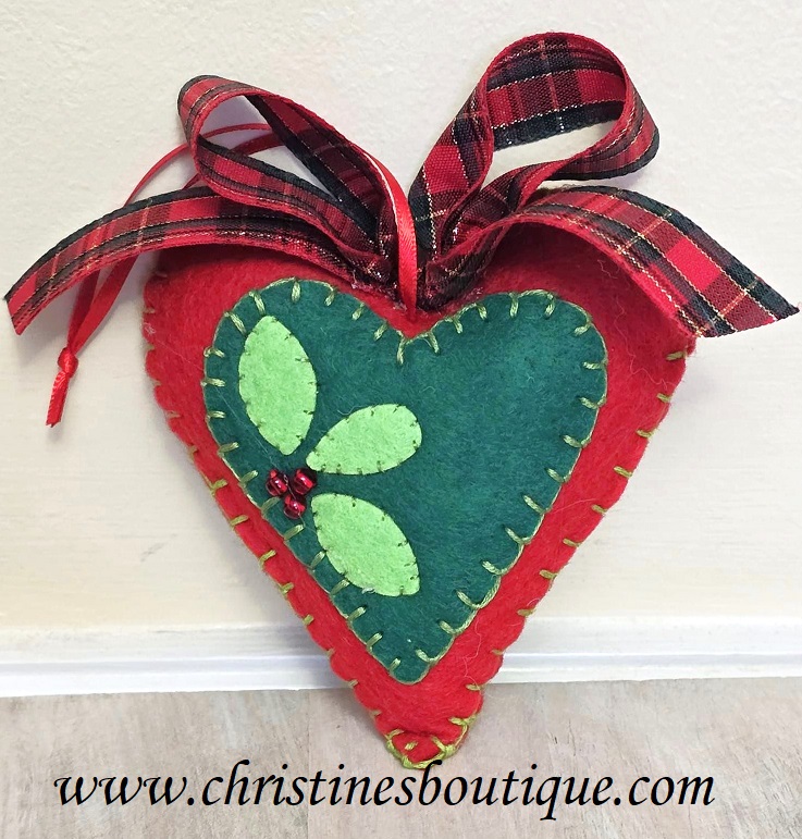 Heart ornament, christmas heart ornament, felt heart ornament, handcrafted ornament