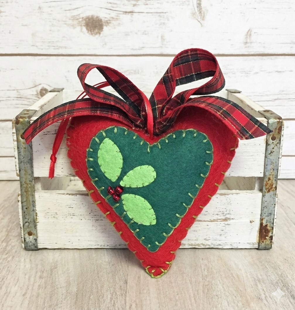 Heart ornament, christmas heart ornament, felt heart ornament, handcrafted ornament