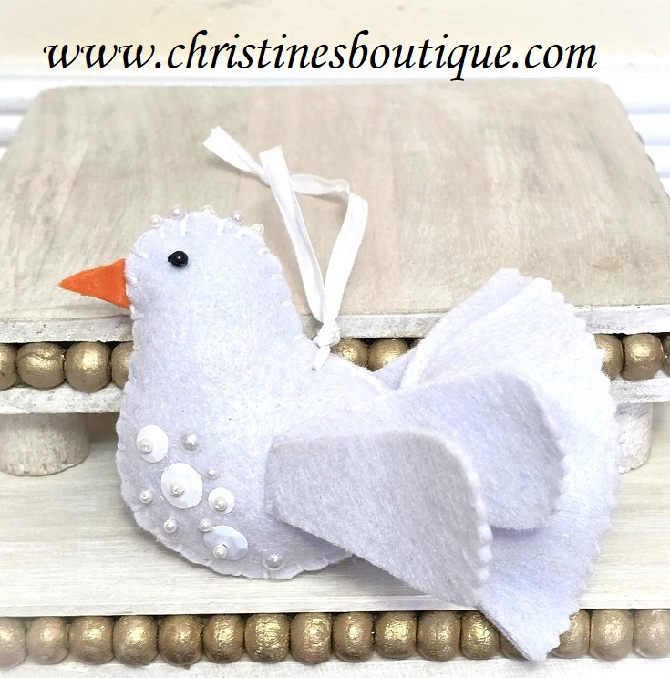 Dove ornrament, felt ornament, white dove ornament, handmade ornament, bird ornament with sequins and pearls