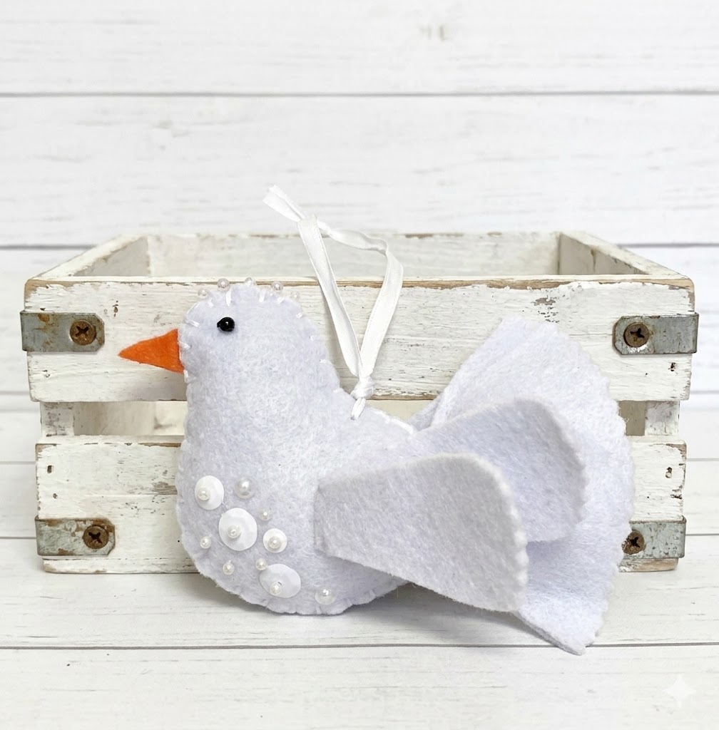 White dove felt ornamenet with sequins and pearls