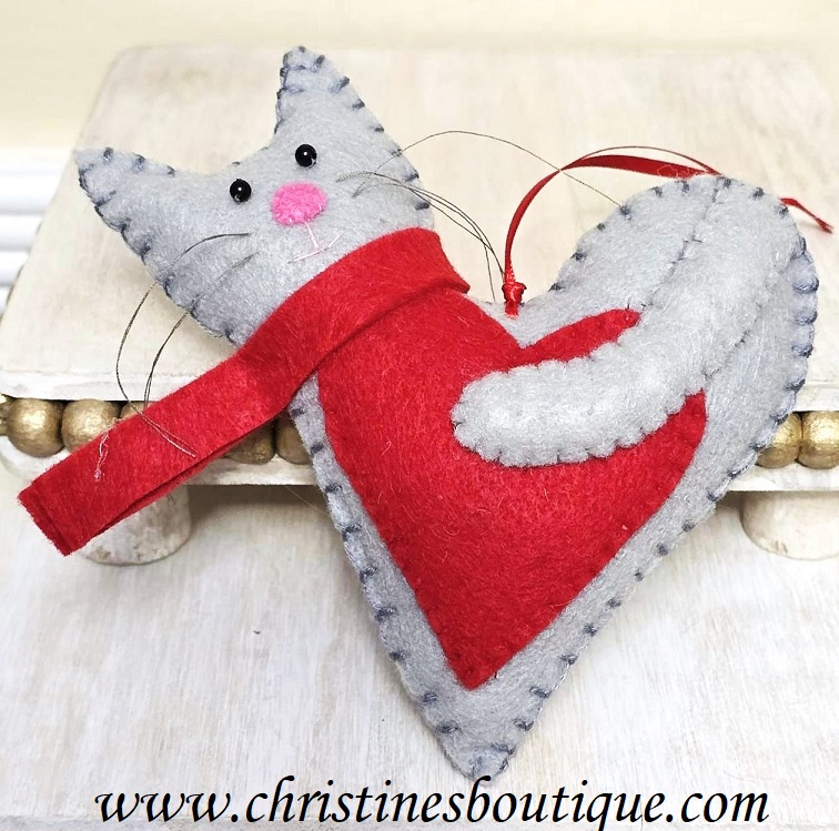 Cat ornament, handmade ornament, felt ornament, light gray cat heart ornament