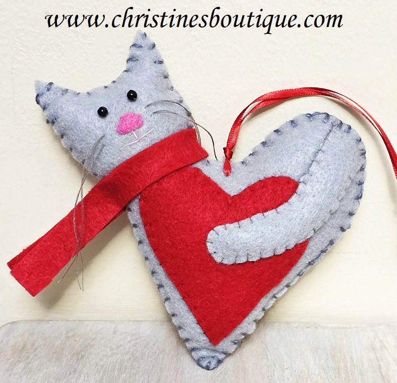 Cat ornament, handmade ornament, felt ornament, light gray cat heart ornament