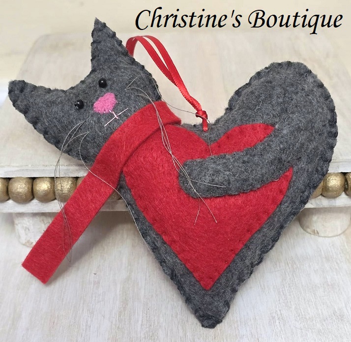 Cat ornament, handmade ornament, felt ornament, dark gray cat heart ornament