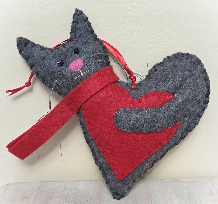 Cat ornament, handmade ornament, felt ornament, dark gray cat heart ornament