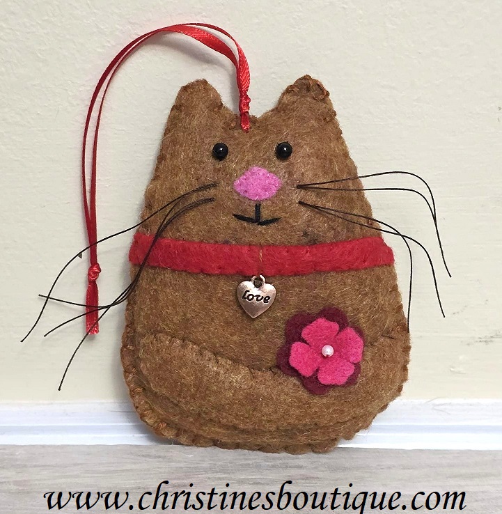 Cat, cat ornament, gingerbread cat, handmade cat ornament with flower, heart charm - Click Image to Close