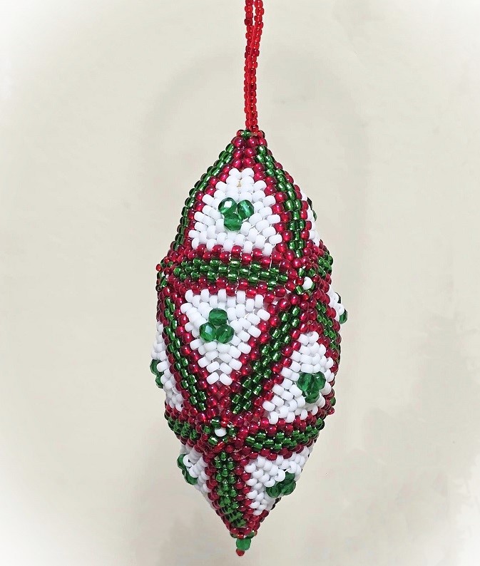 Handmade beade ornament, peyote stitch, mikyuki glass beads, granny square design