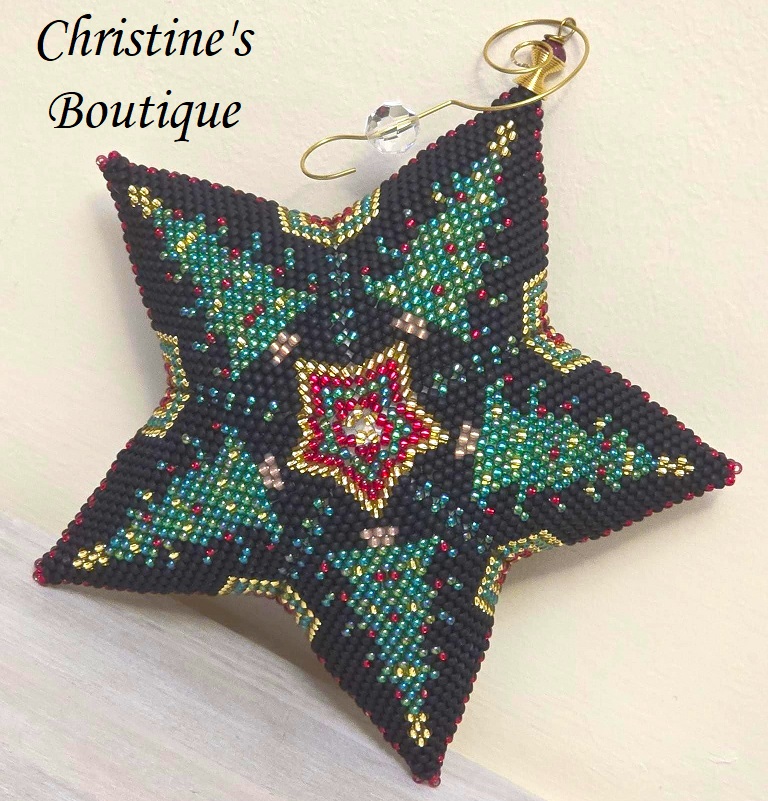 Handmade Extra Large 3D Star Ornament 8 x 8" Celestial Trees, Green Christmas tree with black - Click Image to Close
