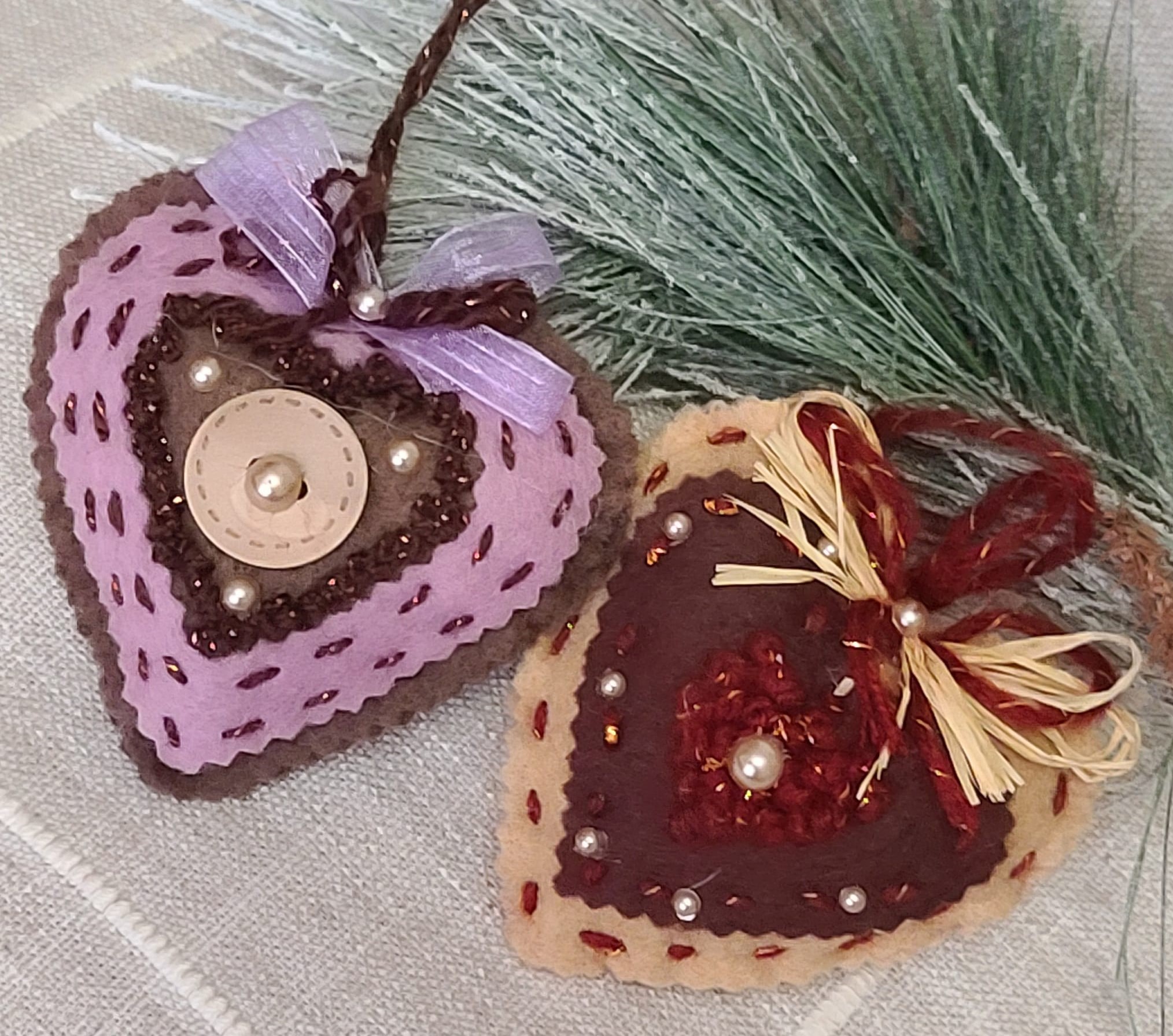 Handmade Felt Cookie Dough and Chocolate Heart Ornament Set of 2