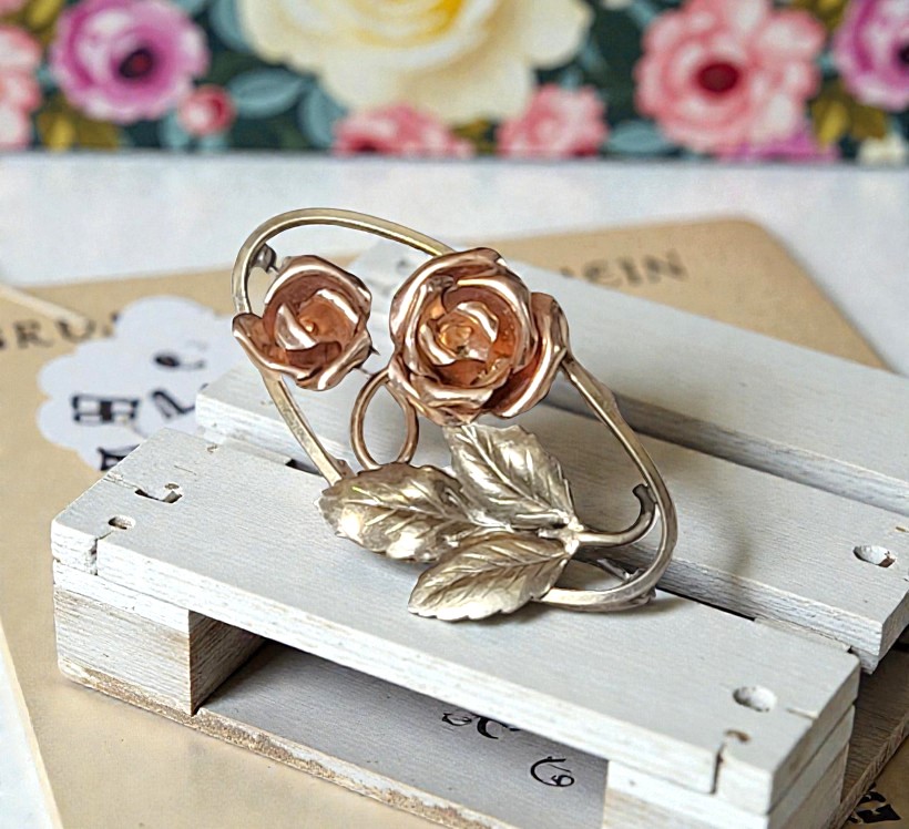 Rose Flowers and Leaves Mutli Colored Metal Rose Gold Silver and