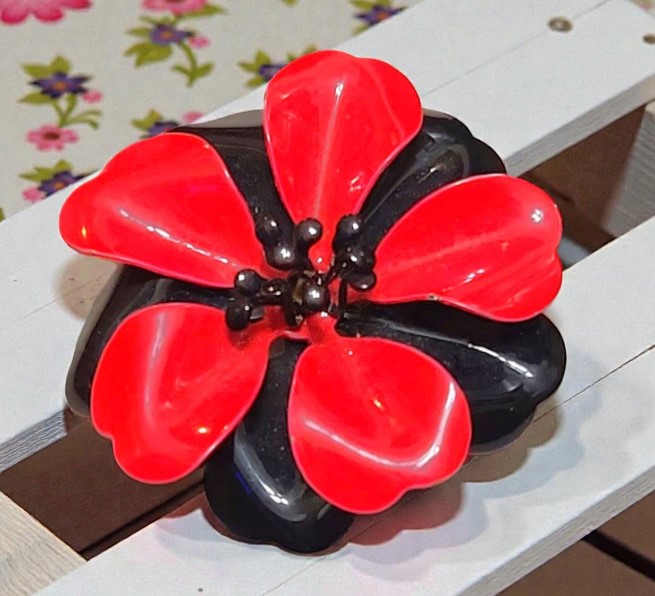 Vintage flower brooch, pin, black and red enamel