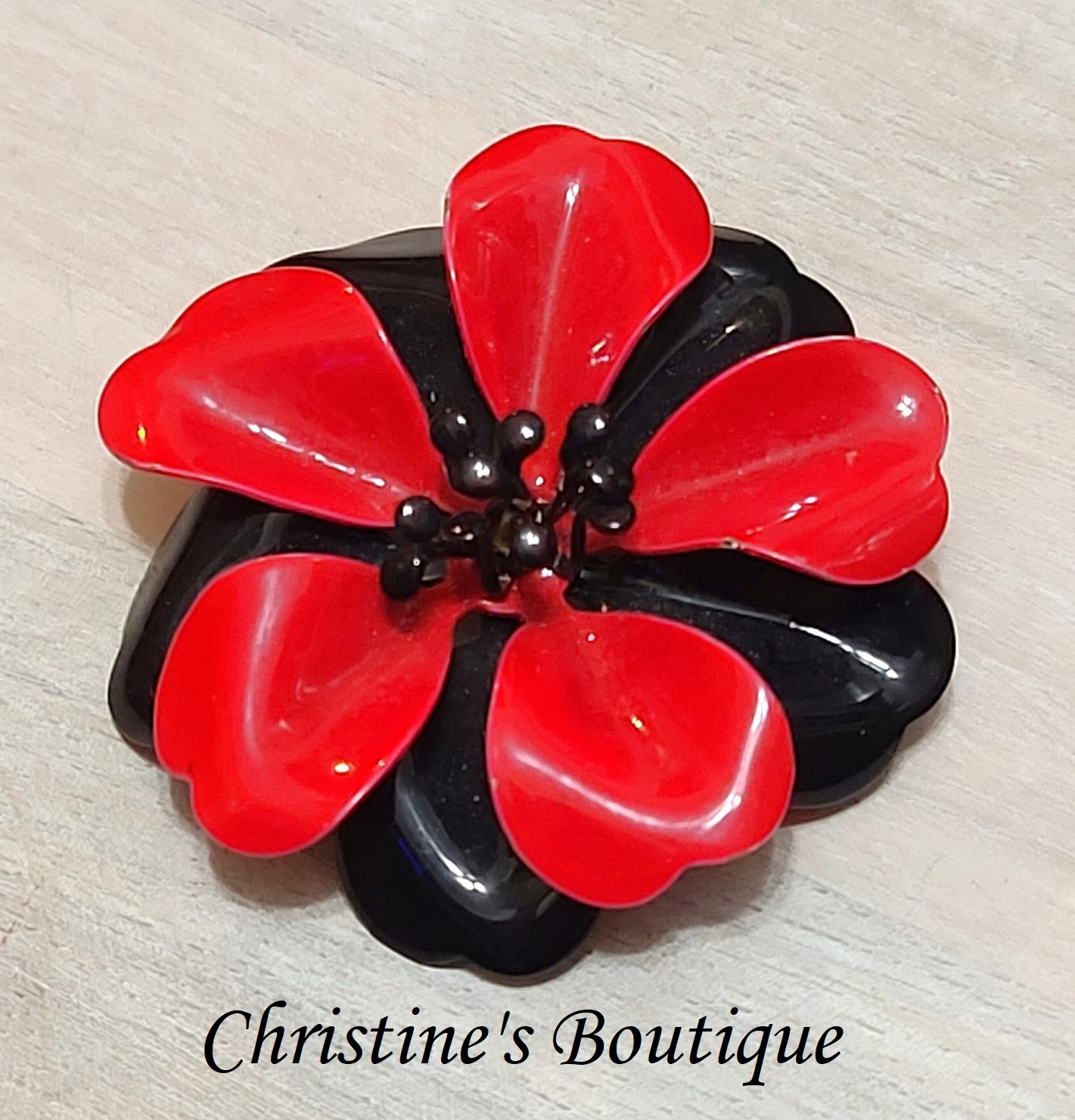 Vintage flower brooch, pin, black and red enamel