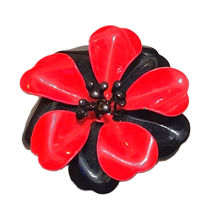 Vintage flower brooch, pin, black and red enamel - Click Image to Close