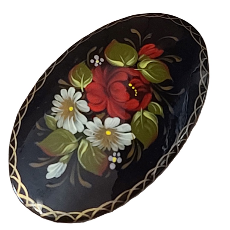 Russian Hand painted black and red and white flowers pin - Click Image to Close