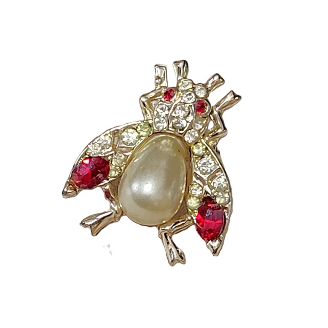 Red rhinestone goldtone vintage bee bug pin - Click Image to Close