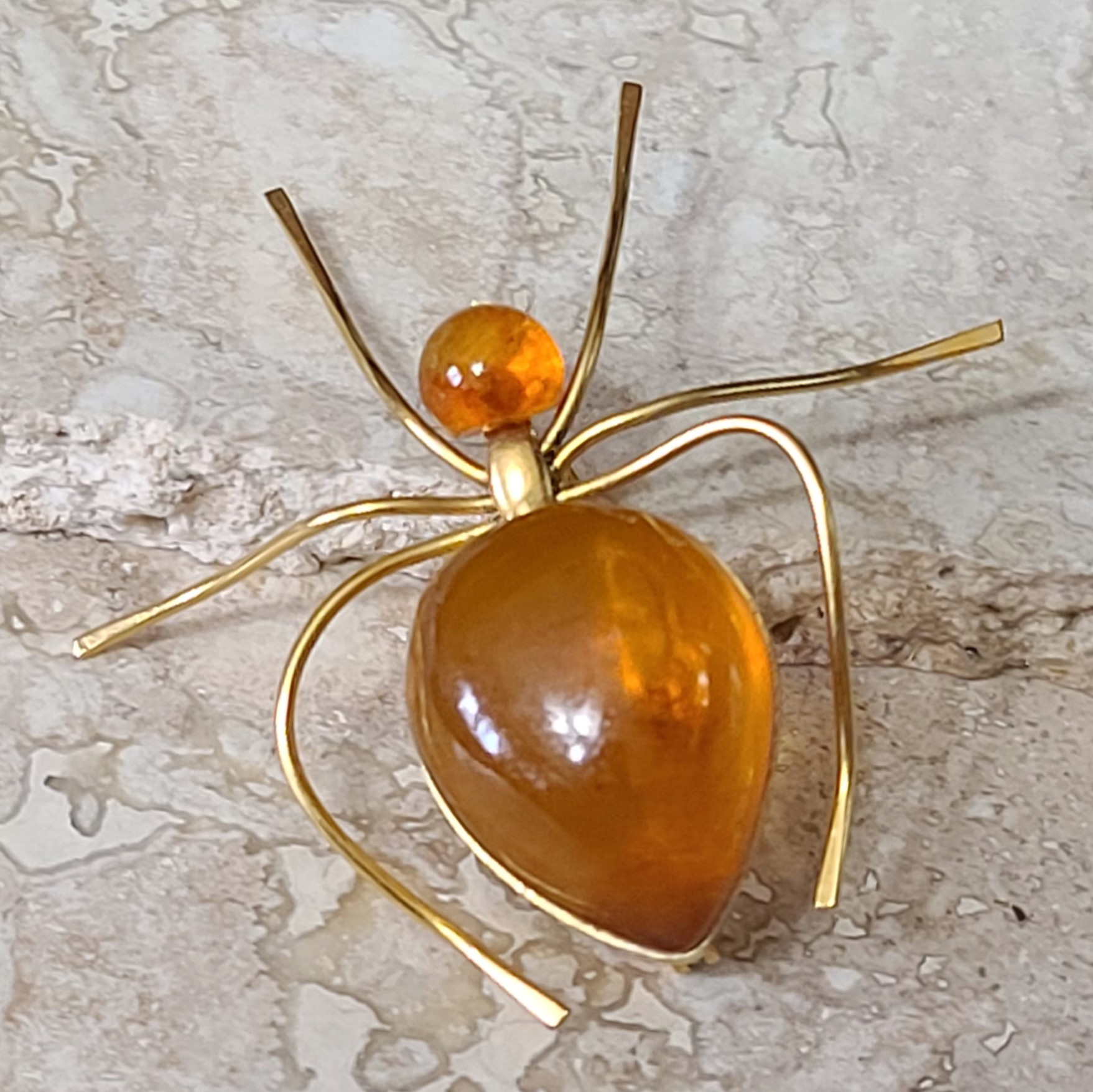 Vintage Russian Baltic Amber Spider Brooch Insect Pin,Hallmarked