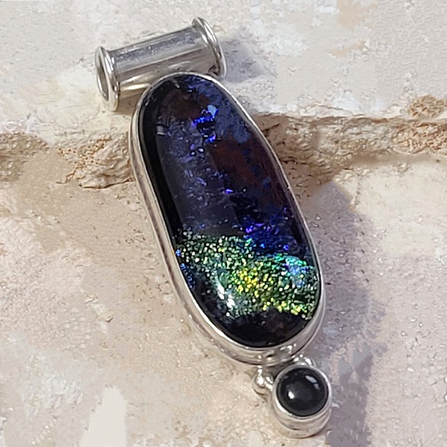 Dichroic Glass pendant with black onyx gemstone, set in 925 sterling silver