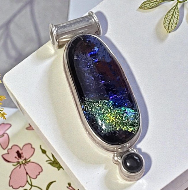 Dichroic Glass pendant with black onyx gemstone, set in 925 sterling silver