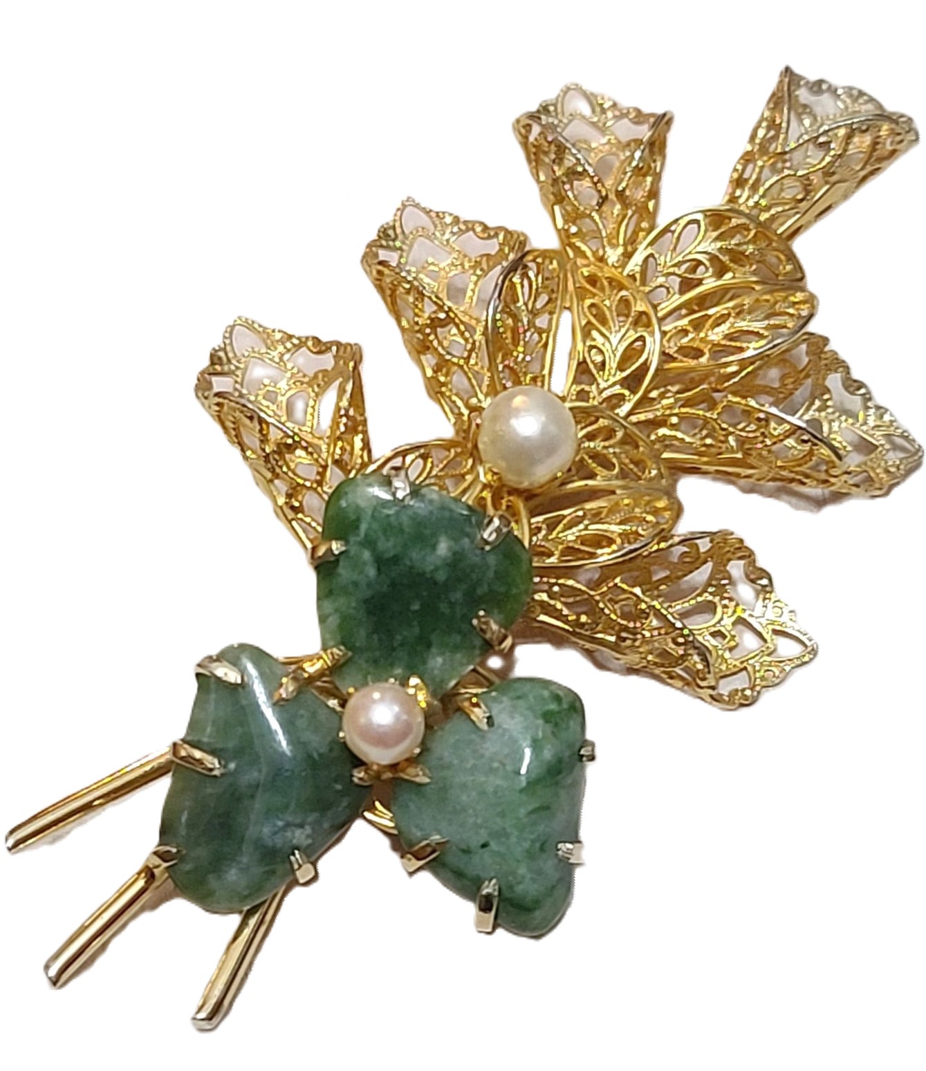 Vintage jade shamrock pin, 3 leaf clover pin, jade gemstone, pin size 4 1/2 inches long - Click Image to Close