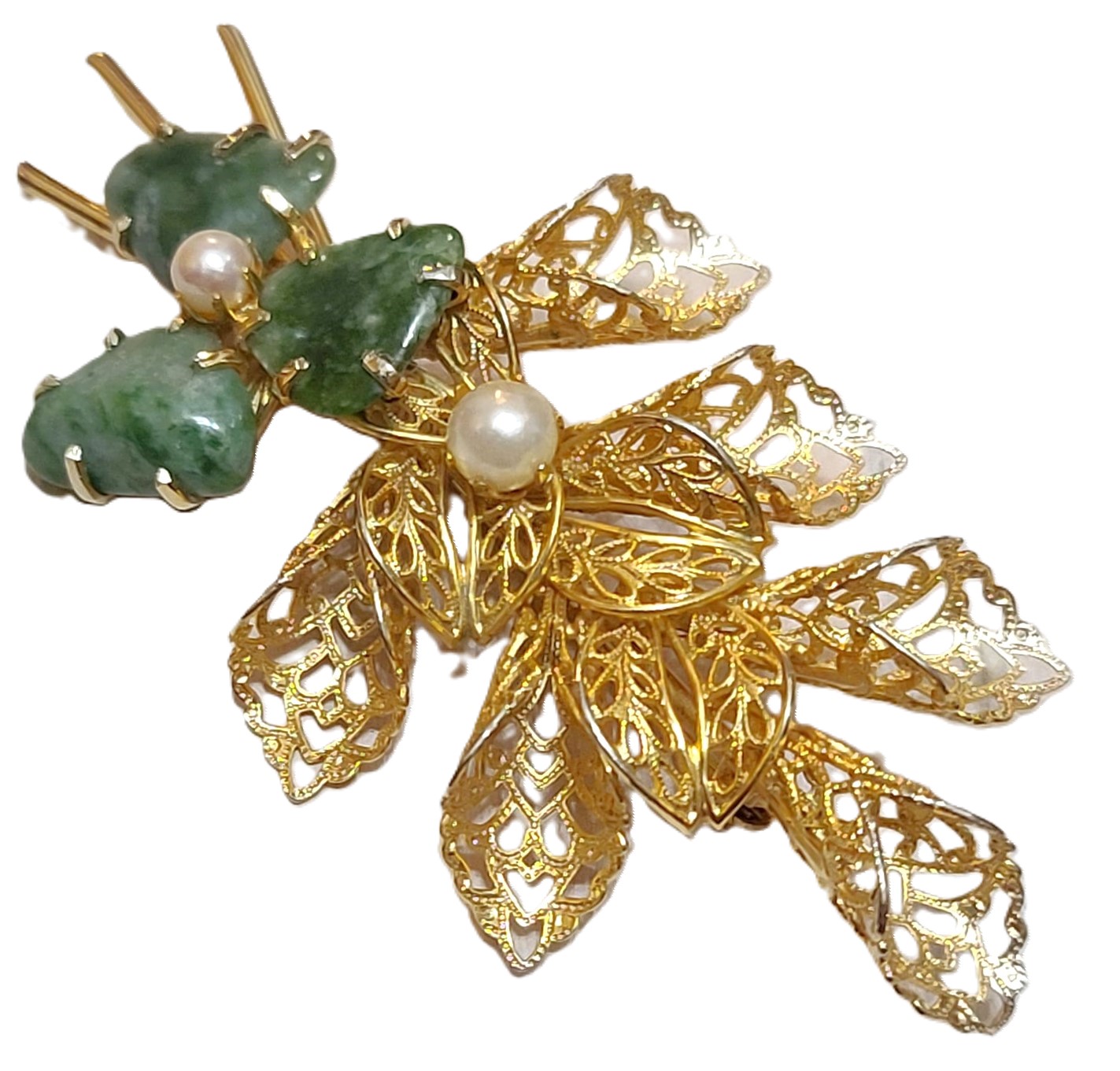 Vintage jade shamrock pin, 3 leaf clover pin, jade gemstone, pin size 4 1/2 inches long