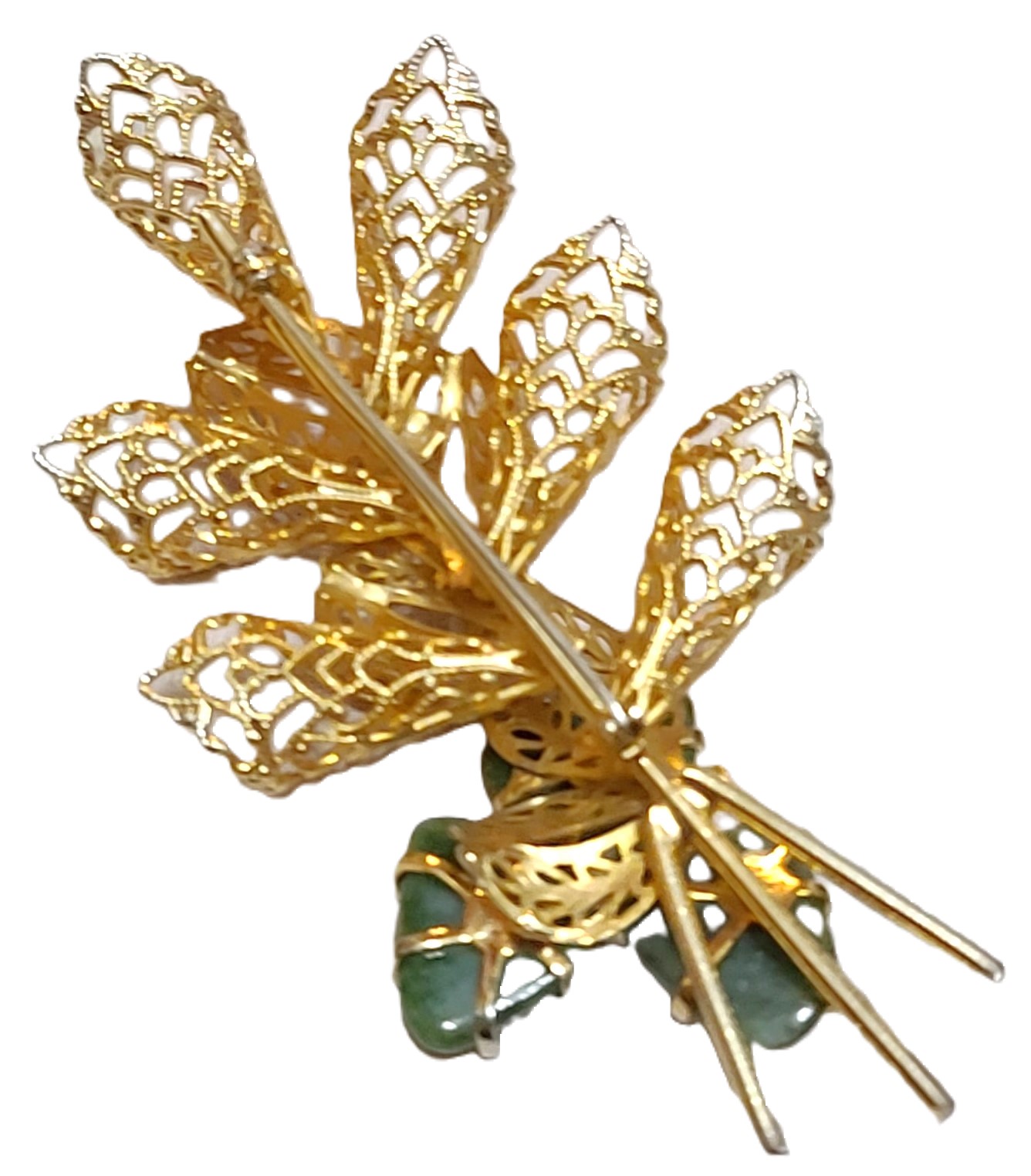 Vintage jade shamrock pin, 3 leaf clover pin, jade gemstone, pin size 4 1/2 inches long