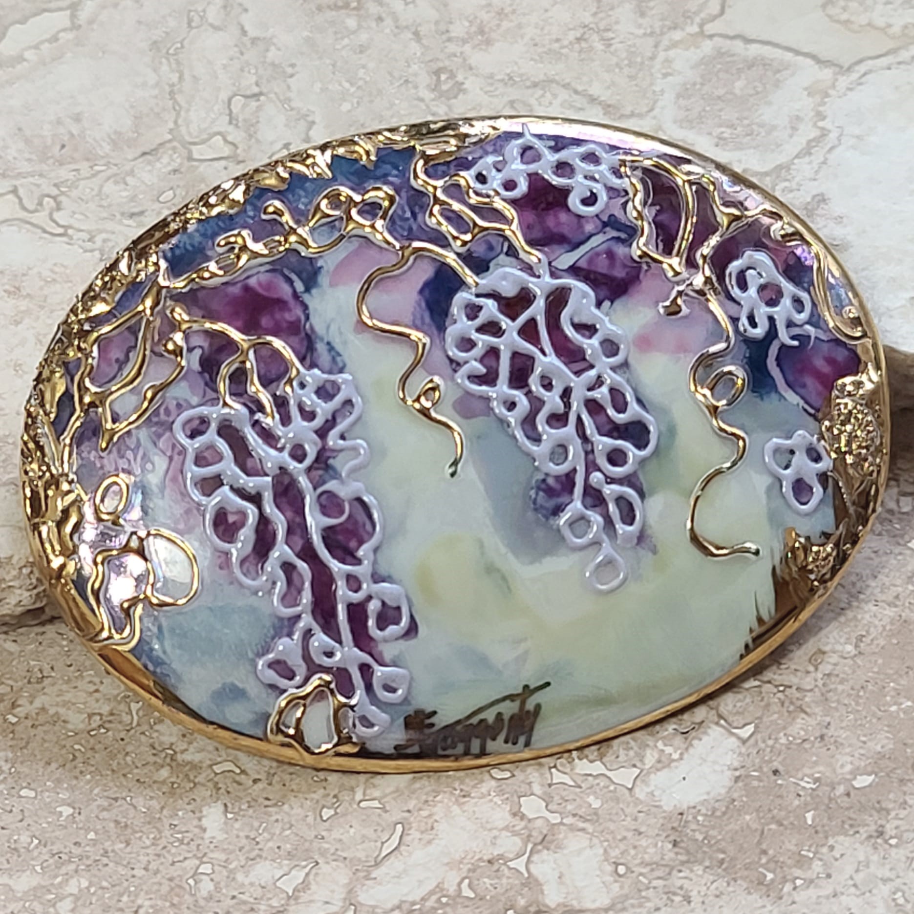 Artsy Brooch Porcelain Handpainted Grapes and brushed gold plate