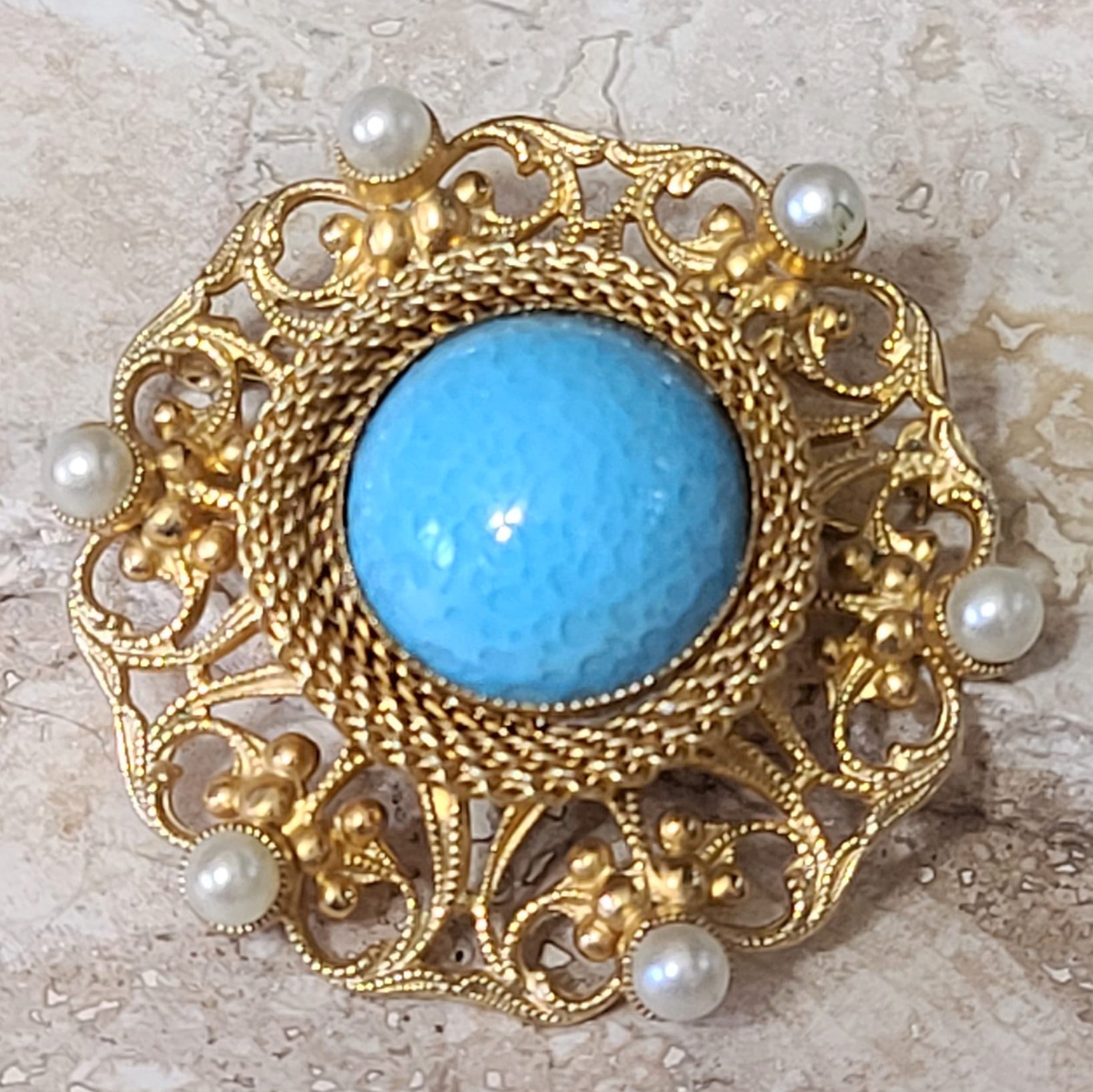 Turquoise Center Brooch, Pin, Turquoise Cabachon and Pearls