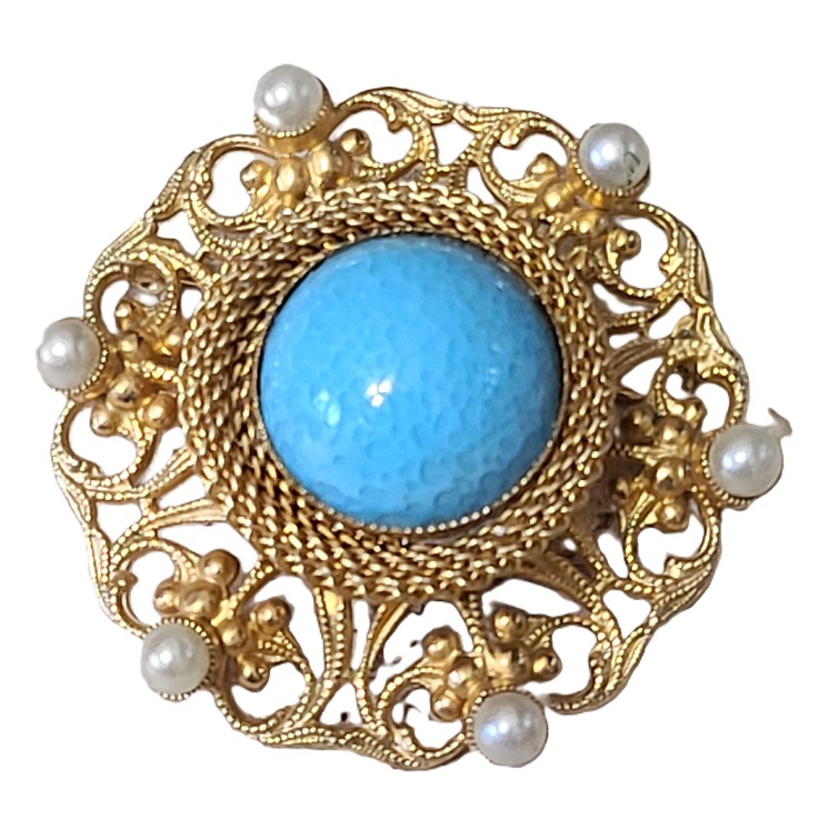 Turquoise Center Brooch, Pin, Turquoise Cabachon and Pearls - Click Image to Close