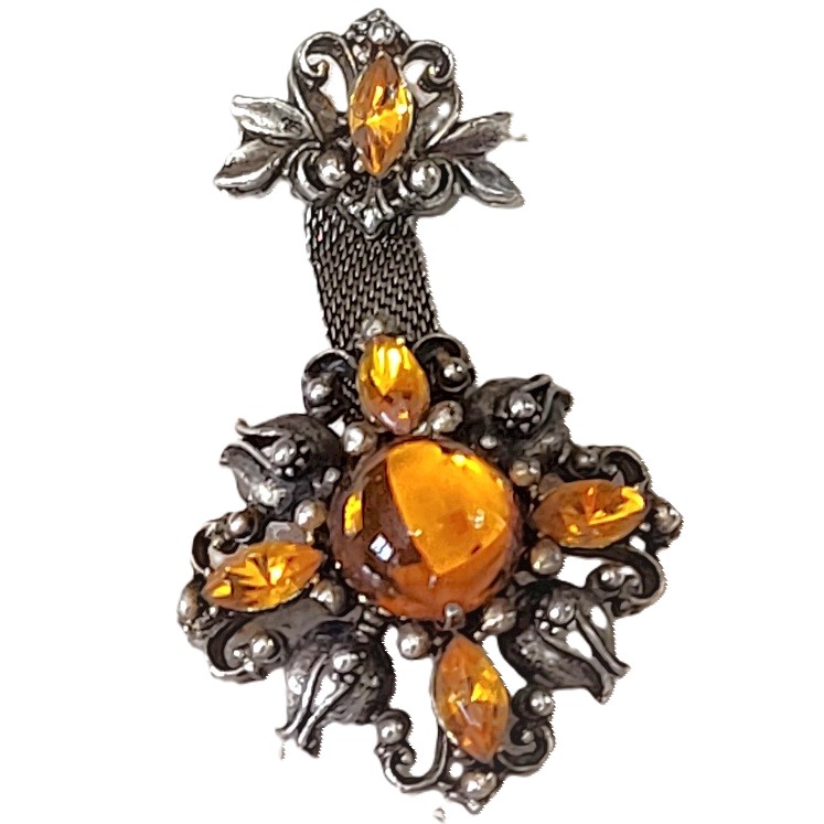 Art Nouveau pin, with amber colored center jelly belly cabachon, antique finish