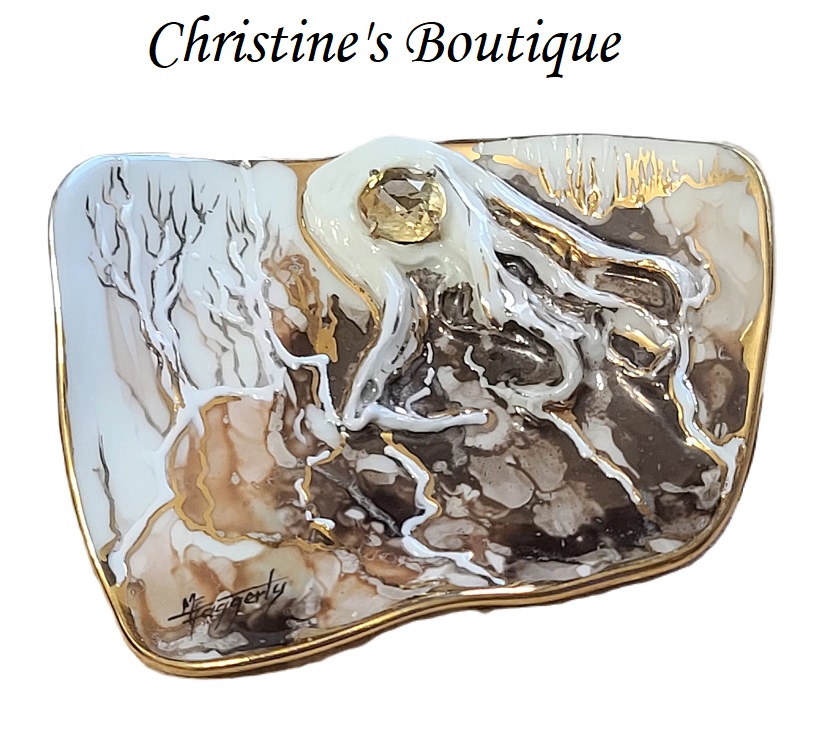 Artsy Vintage Porcelain Brooch Pin Scenic Citrine Stone