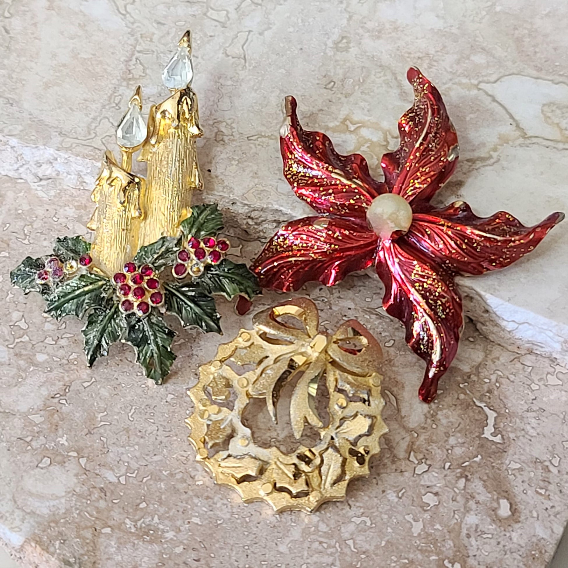 Vintage set of 3 Christmas Pins Pointsettia, Wreath and Candle