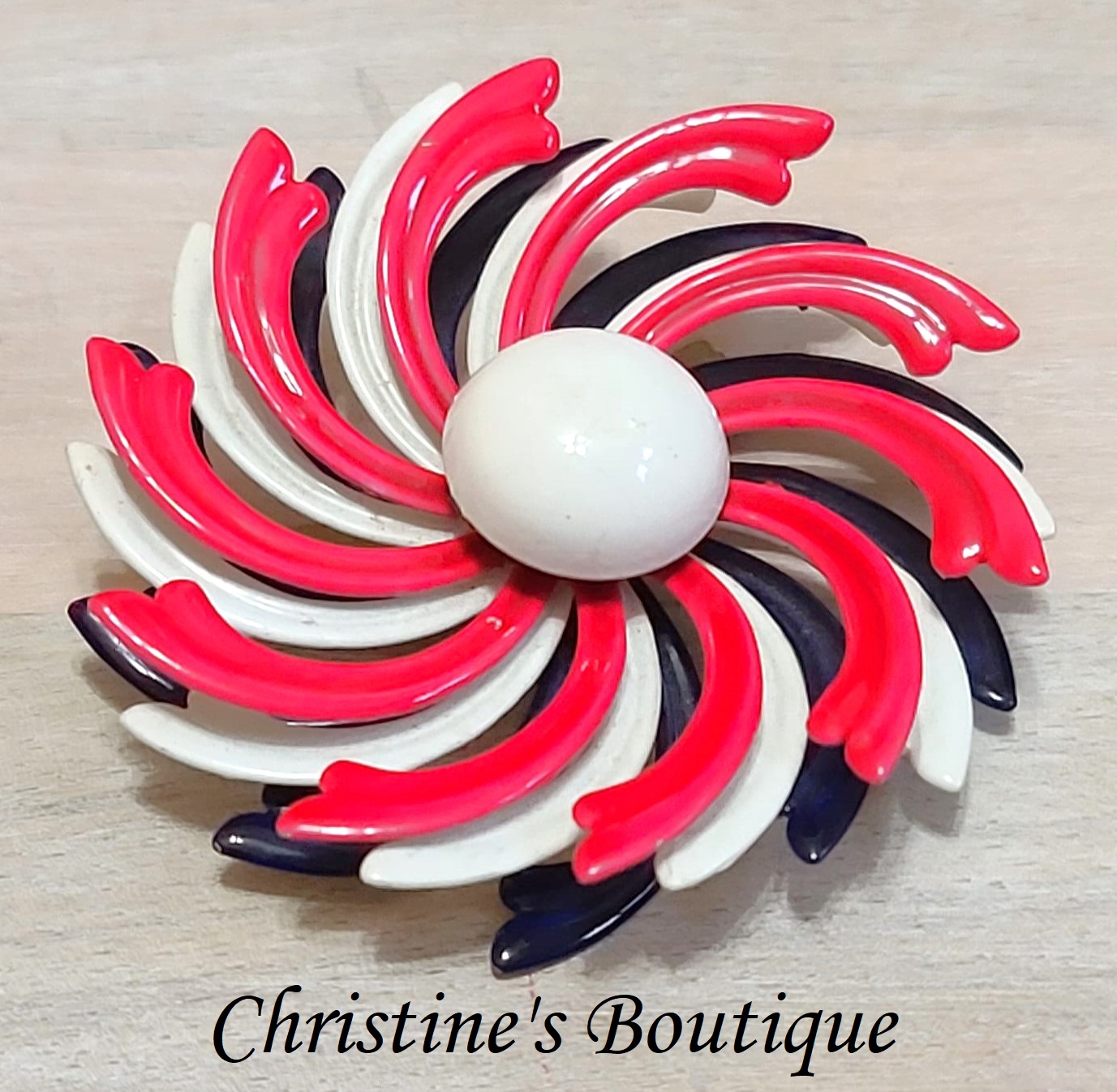 Vintage pinwheel pin, brooch, red, white and blue pinwheel, patriotic colors - Click Image to Close