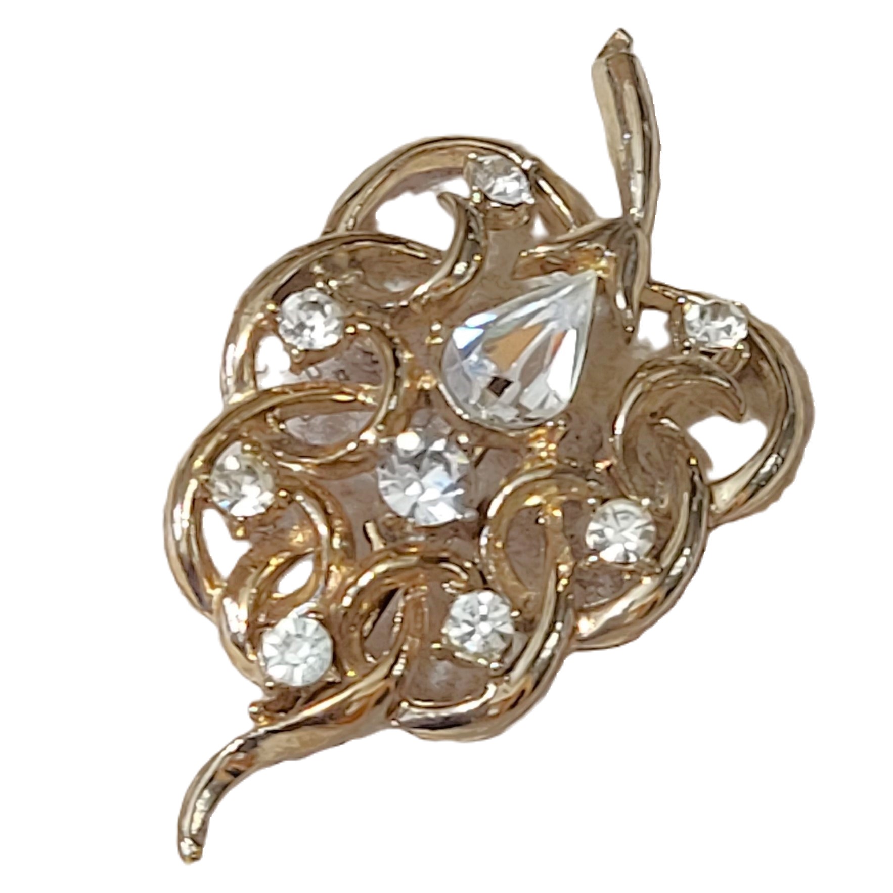 Vintage rhinestone pin, white rhinestones, gold leaf shaped pin - Click Image to Close