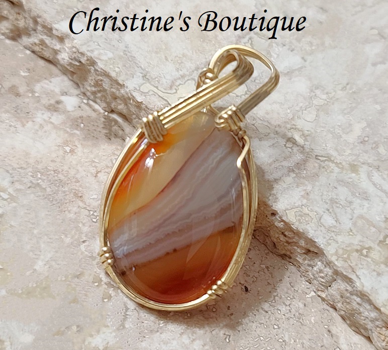 Wire Wrapped Agate Gemstone, in Gold Plate Wiring,