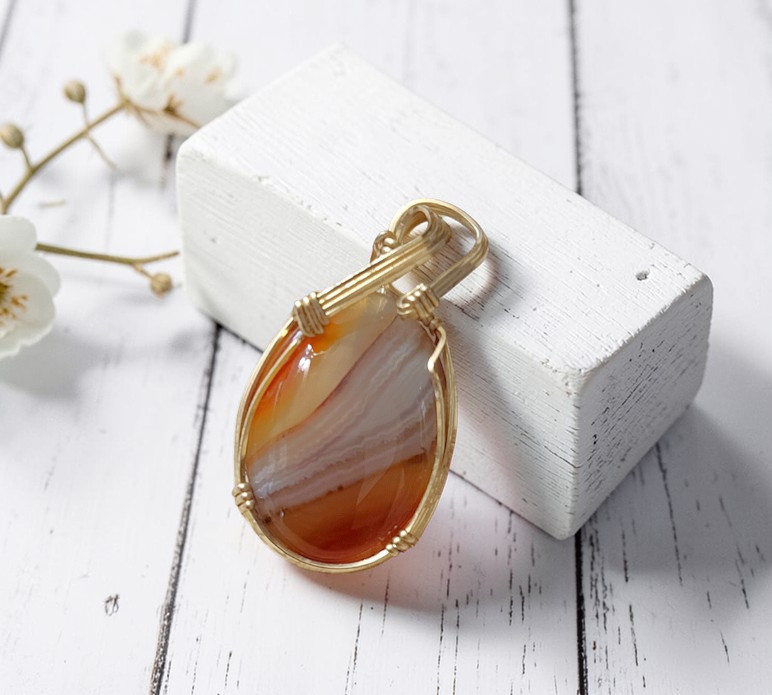 Wire Wrapped Agate Gemstone, in Gold Plate Wiring,
